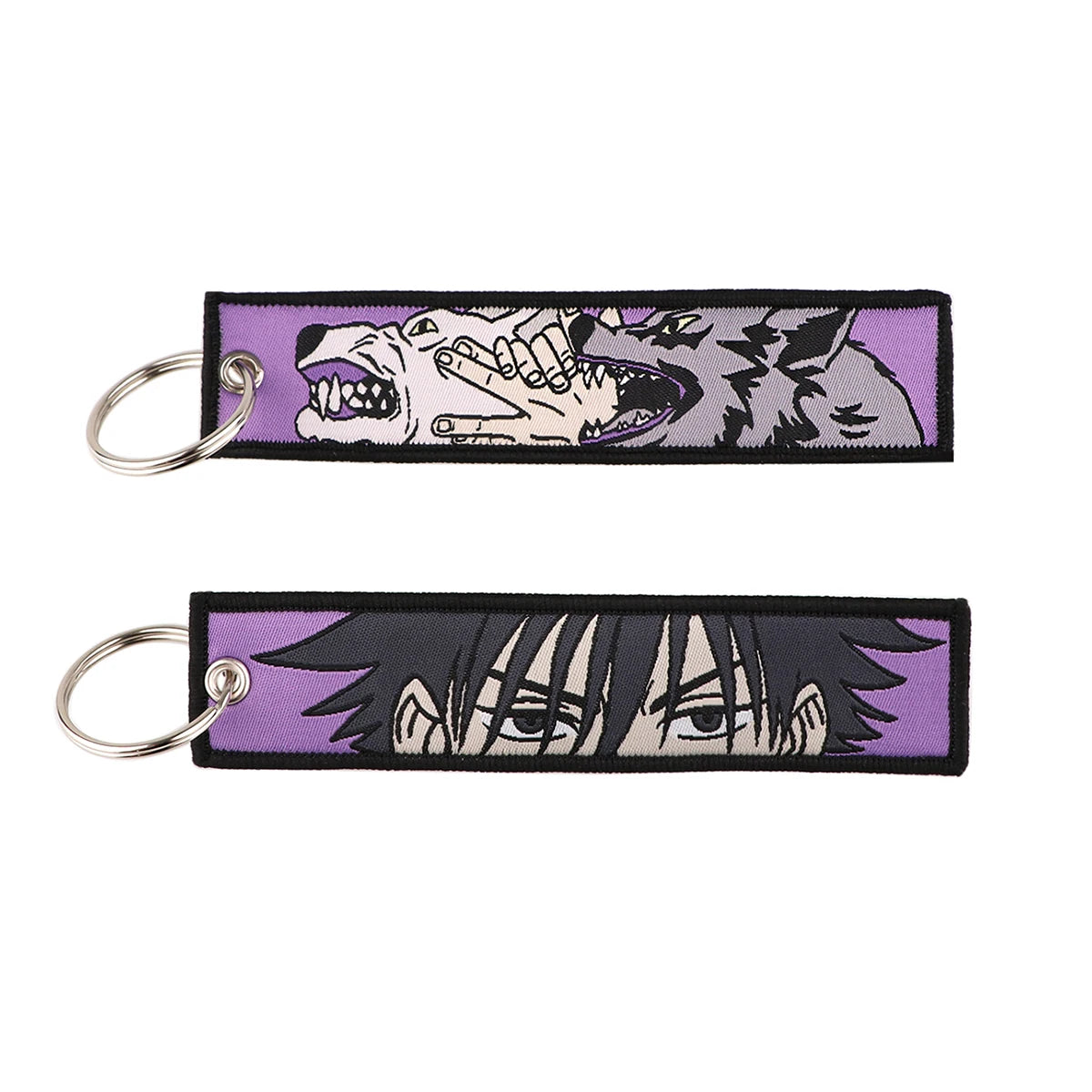 Porte-clés Jujutsu Kaisen Megumi : ruban noir/violet, deux anneaux métal, visages imprimés