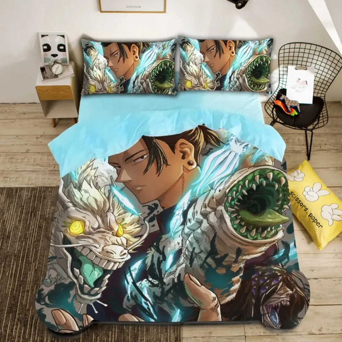 Parure de lit à motif anime Geto, fond bleu clair, housse et drap assortis.