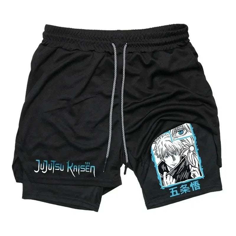 Short Jujutsu Kaisen Gojo Cadre Bleu Ciel Fleur : noir avec cordon et imprimé bleu turquoise Jujutsu Kaisen