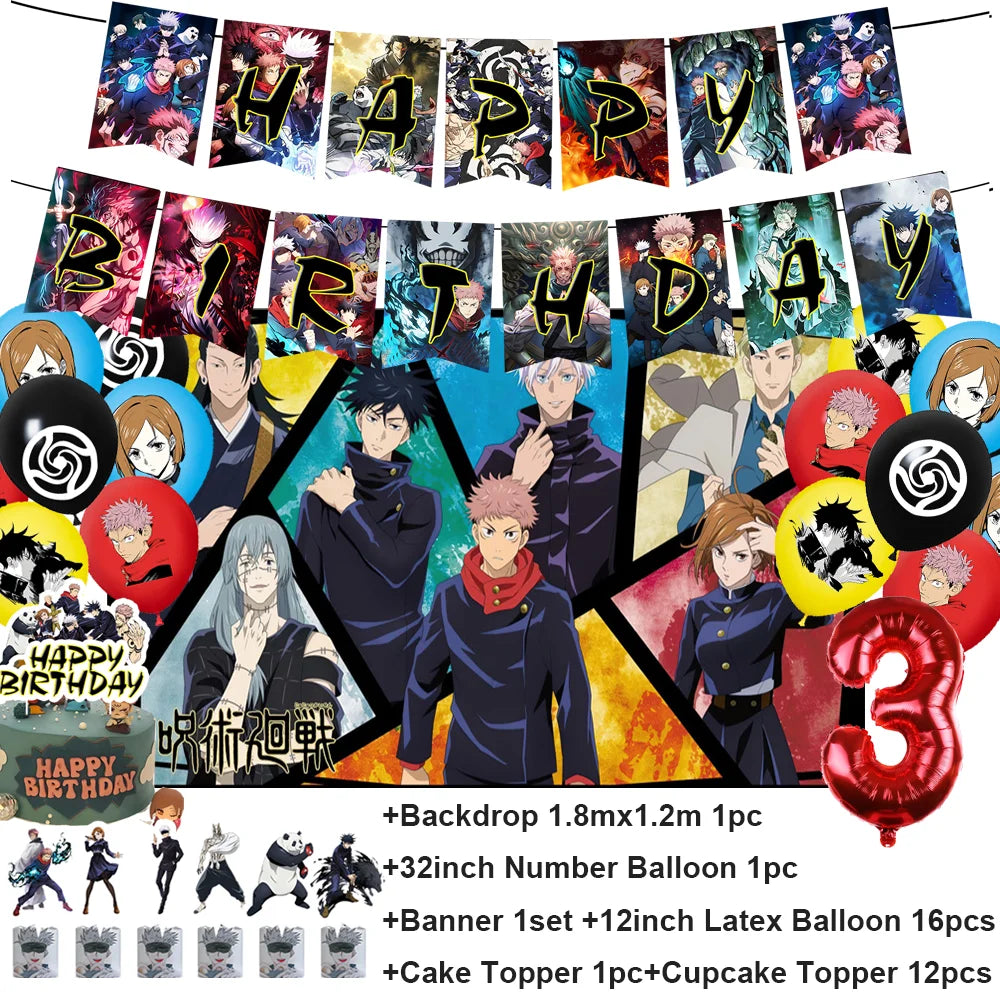 Décoration d’anniversaire Jujutsu Kaisen : ballons latex et guirlande “Happy Birthday”, ballon chiffre