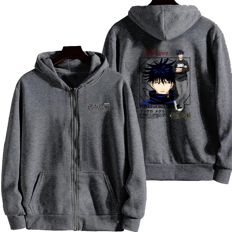 Veste à capuche zippée gris chiné, imprimé manga sur le panneau arrière.