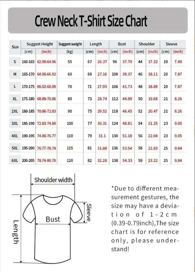 Tableau des tailles t-shirt col rond : S à 6XL, mesures en cm