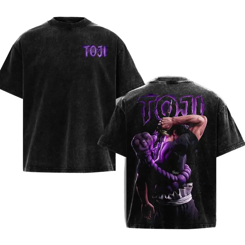 T-shirt noir col rond avec motif Toji violet aura devant et au dos