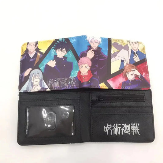 Porte-feuilles noir bicolore avec fenêtre transparente et emplacements cartes, imprimé anime.