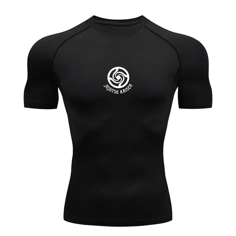 T-shirt compressif noir à logo Jujutsu Kaisen, coupe près du corps, manches courtes