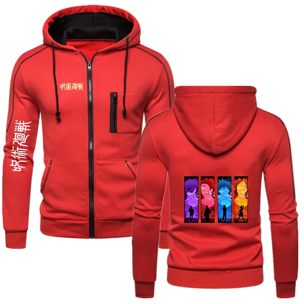 Veste à capuche zippée rouge, poches, cordons et imprimé couleur sur la poitrine