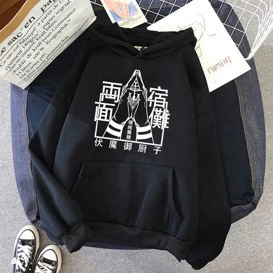 Sweat à capuche noir avec grand motif graphique blanc sur le devant
