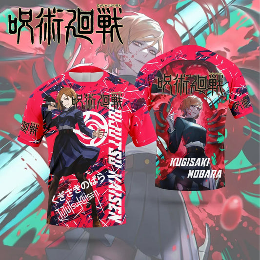 Maillot enfant Jujutsu kaisen, rouge-noir, imprimé Nobara Kugisaki à l’avant.