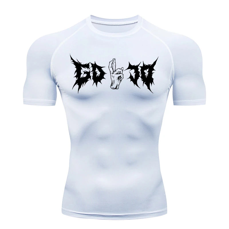 T-shirt de compression blanc à manches courtes, imprimé noir et gris au centre.