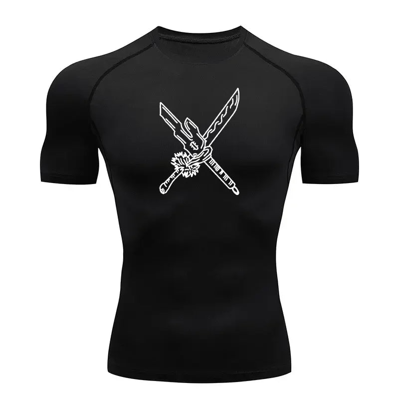 T-shirt compression noir à manches courtes, motif graphique blanc « Armes maudites »