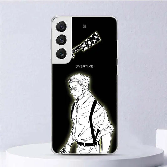 Coque Samsung Jujutsu Kaisen Nanami Overtime : pour smartphone à motif noir, personnage en blanc et texte OVERTIME.