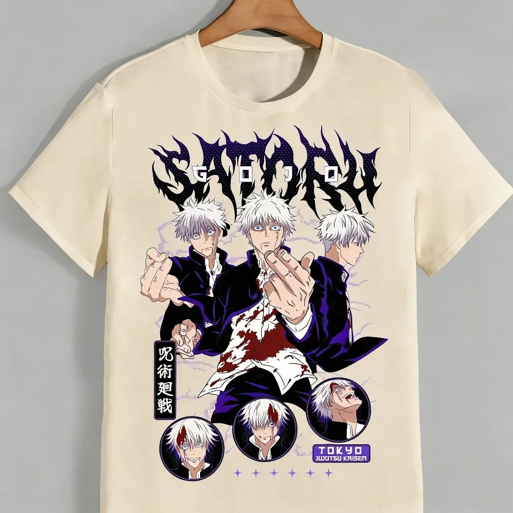 T-shirt Jujutsu Kaisen crème avec visuel Gojo violet et personnages imprimés devant