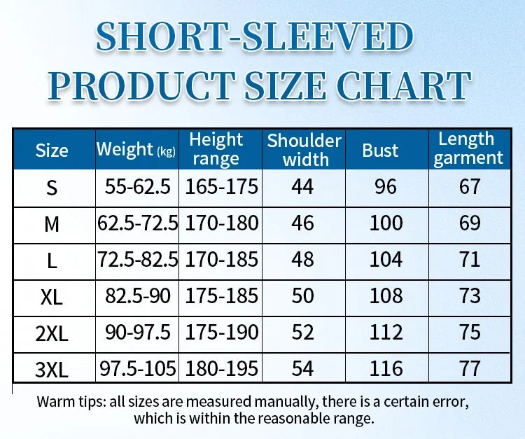 Tableau des tailles de t-shirt manches courtes : S à 3XL, hauteur, buste, longueur.