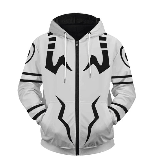 Veste à capuche zippée gris clair avec motif noir sur le devant et les manches