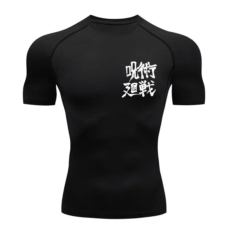 T-shirt de compression noir à manches courtes, col rond, imprimé frontal blanc.