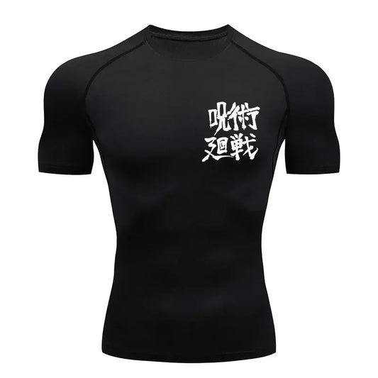 T-shirt de compression noir à manches courtes, col rond, imprimé frontal blanc.