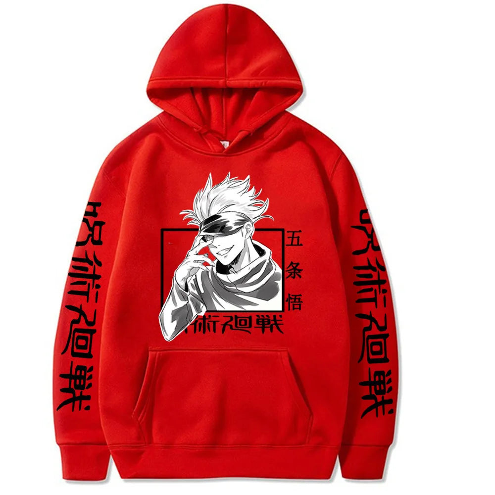 Red pullover hoodie with centered character artwork and vertical sleeve text on both arms.