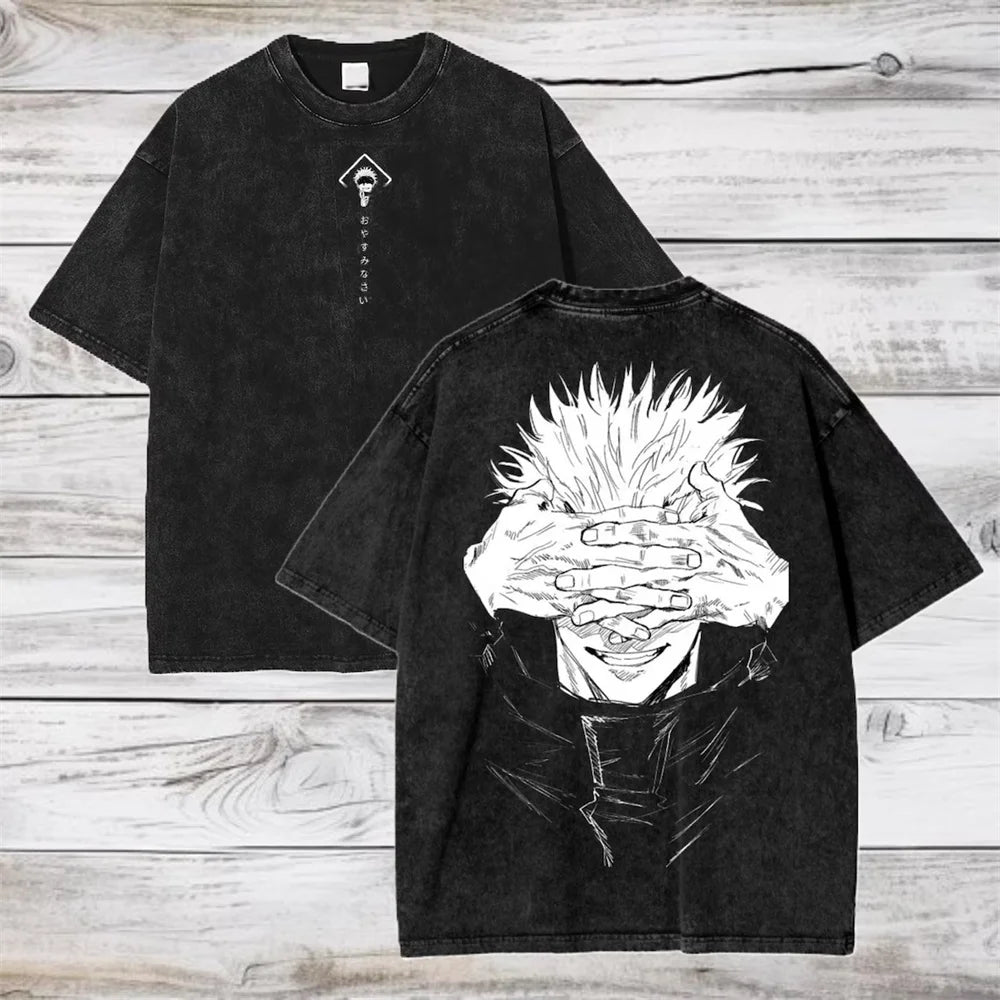 T-shirt noir Jujutsu Kaisen Gojo Sans Bandeau, manches courtes, imprimé recto et dos