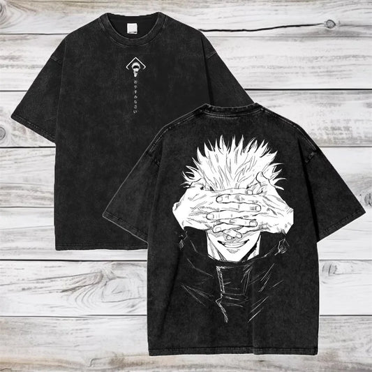 T-shirt noir Jujutsu Kaisen Gojo Sans Bandeau, manches courtes, imprimé recto et dos