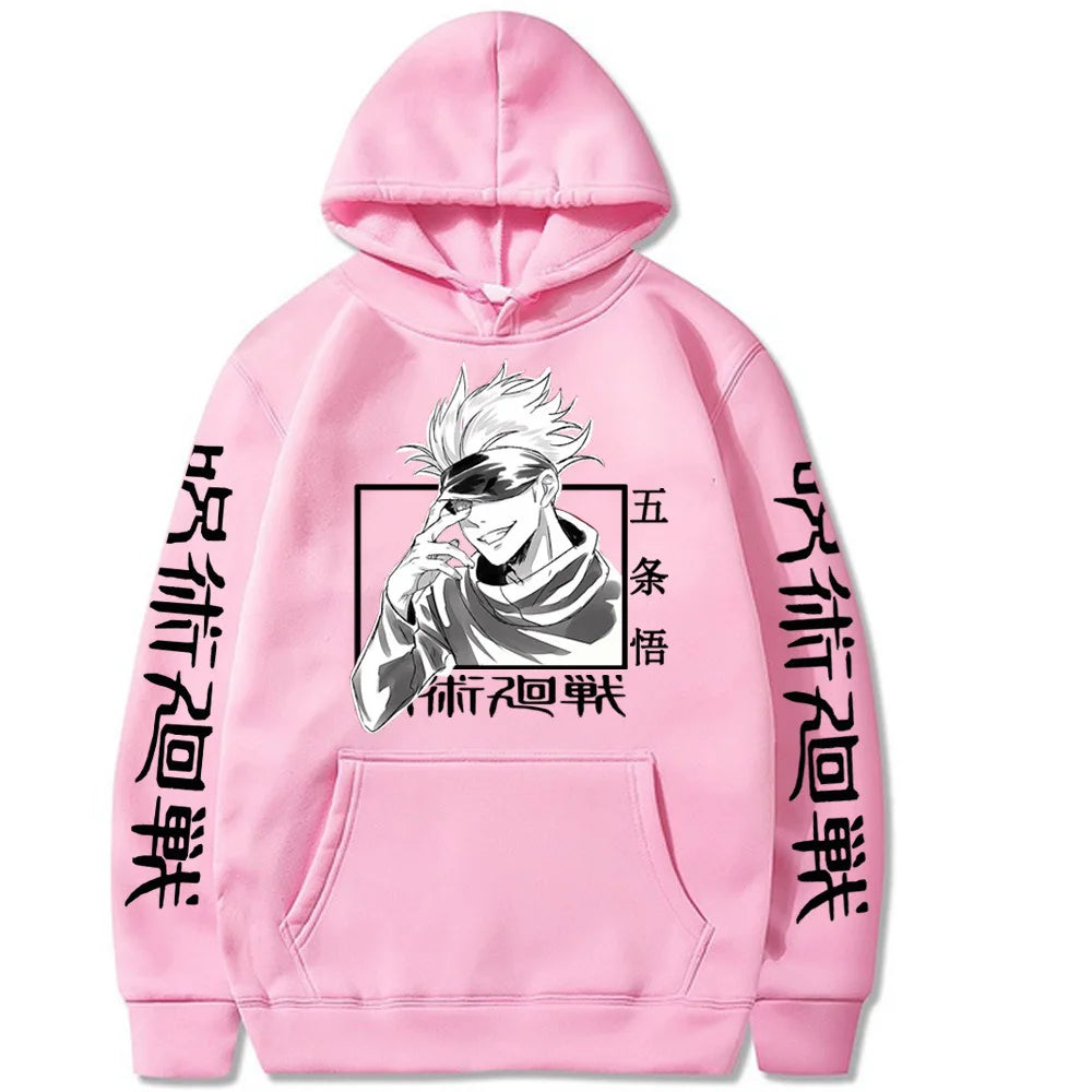 Pink pullover hoodie with centered character graphic and vertical black sleeve text.
