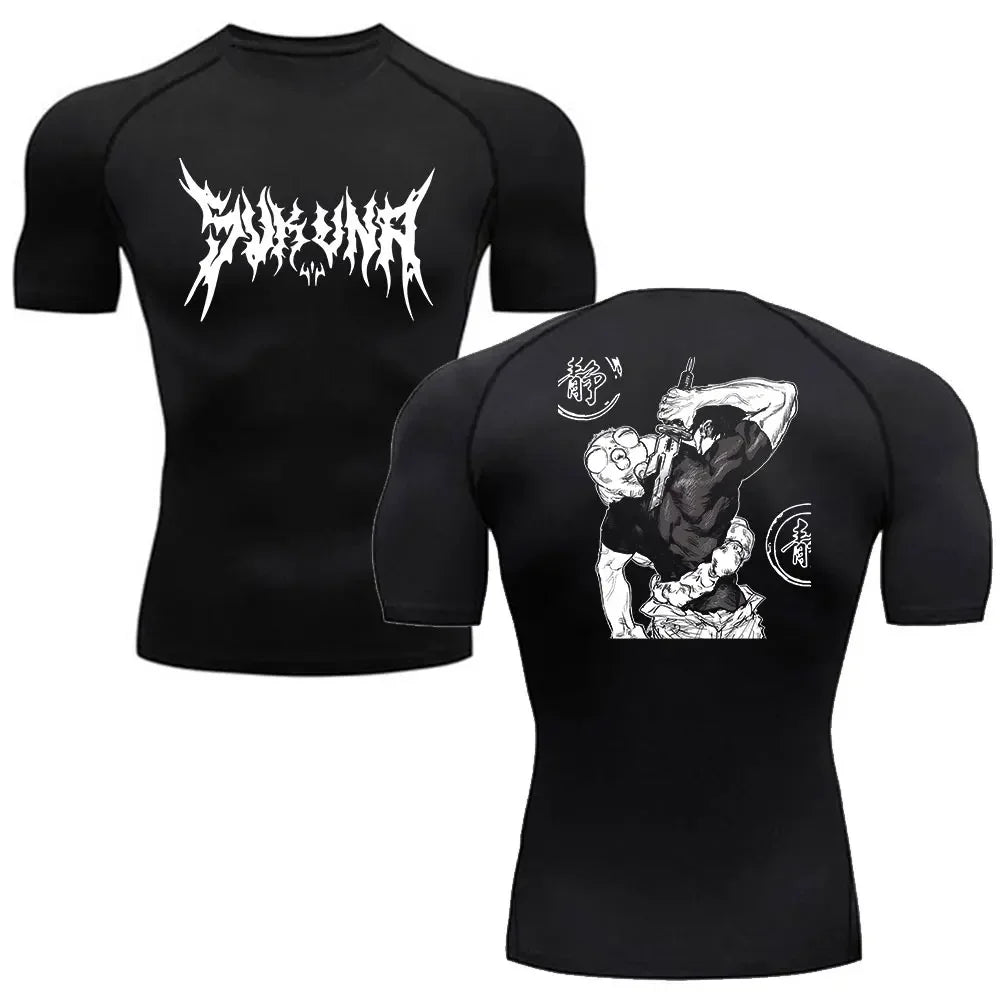 T-shirt compression noir avec imprimé graphique blanc, devant et dos, manches courtes