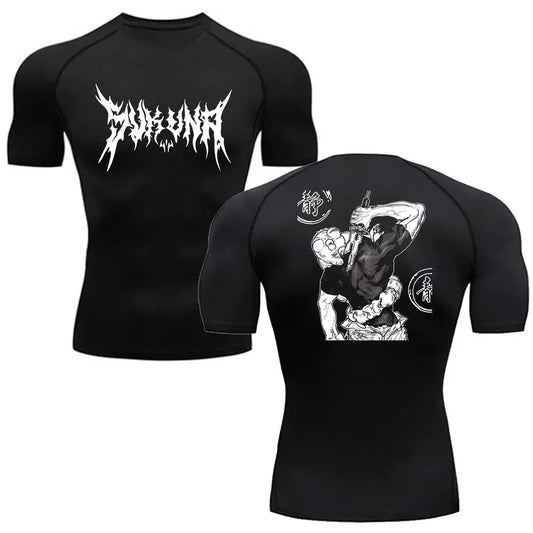 T-shirt compression noir avec imprimé graphique blanc, devant et dos, manches courtes