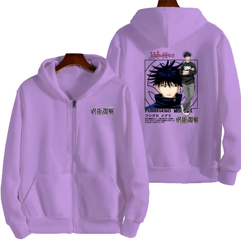 Veste à capuche zippée lilas, imprimé manga sur le panneau arrière.