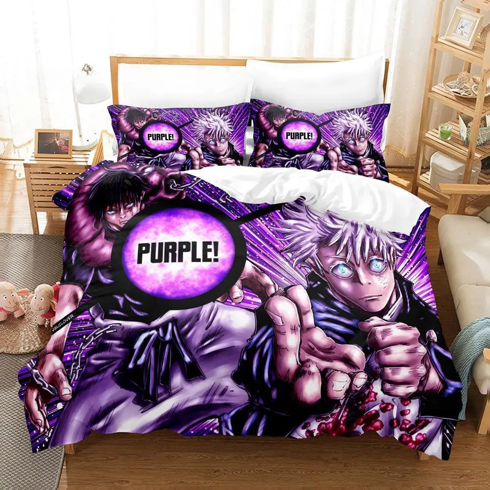 Parure de lit violette avec motifs anime et visages, housse de couette et taies