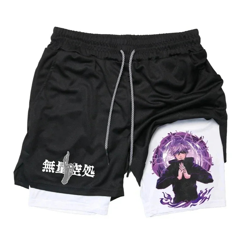 Short Jujutsu Kaisen Gojo Cercle Violet Mains Jointes : noir avec cordon, imprimé mains jointes violet et personnage sur empiècement blanc.