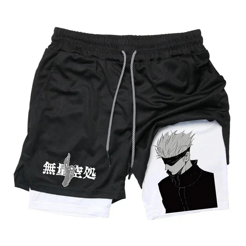 Short Jujutsu Kaisen Gojo Buste Lunettes Noires : noir à cordon, double couche avec imprimé personnage en lunettes noires