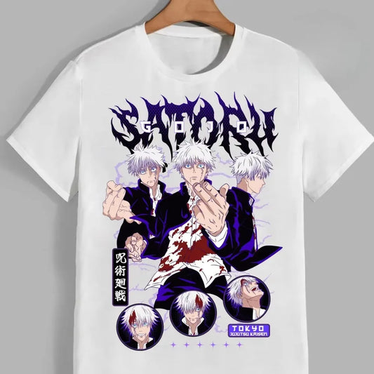 T-shirt Jujutsu Kaisen blanc avec visuels Gojo violets et personnages imprimés devant