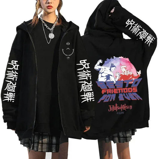 Chaqueta con capucha negra con cremallera, gran estampado Todo Friends en la espalda