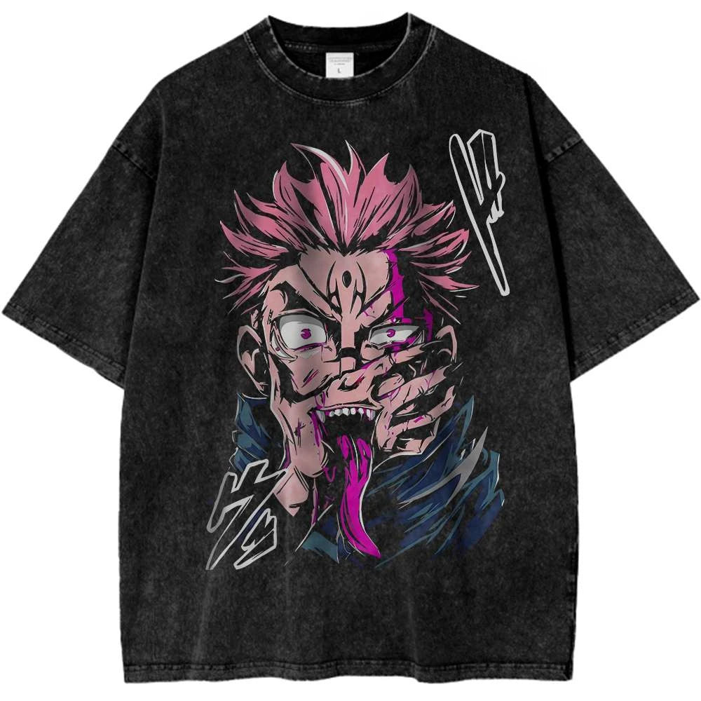 T-shirt noir Jujutsu Kaisen : visuel démon rose et bleu, motif au centre
