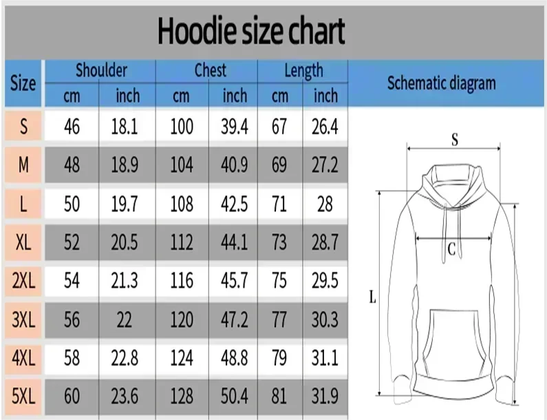 Tableau des tailles du hoodie : épaule, tour de poitrine et longueur (S à 5XL)