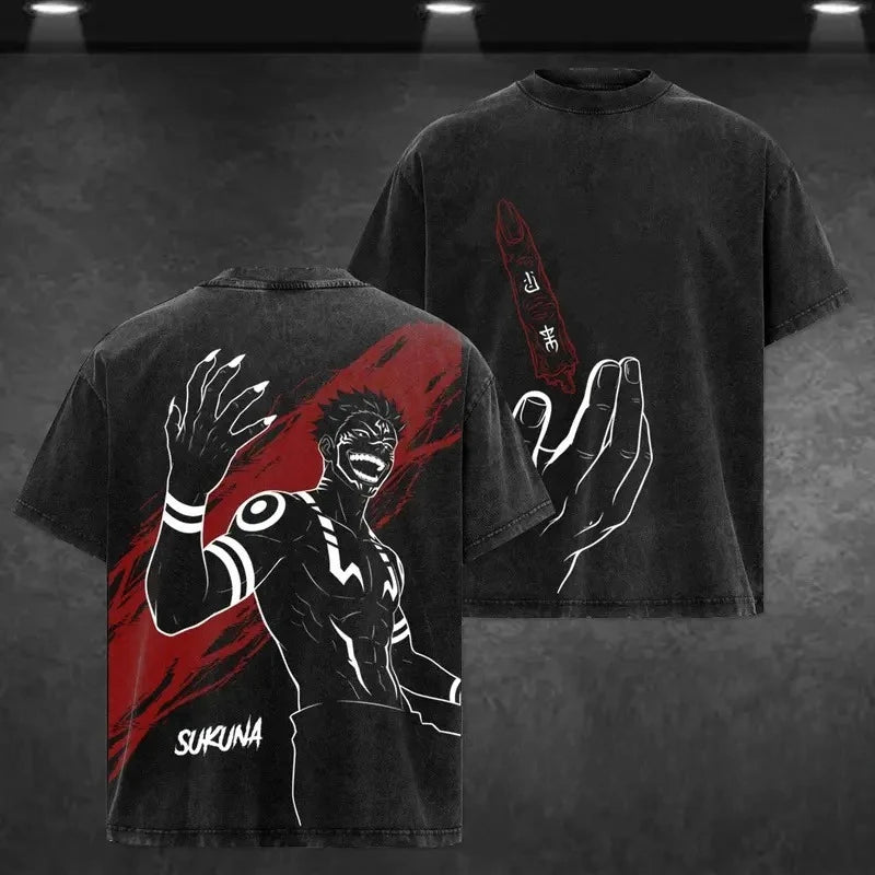 T-shirt manches courtes noir, graphisme rouge et blanc devant et au dos.