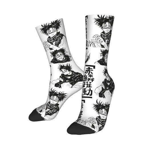 Paire de chaussettes blanches avec imprimé manga noir et visages, bordures noires.