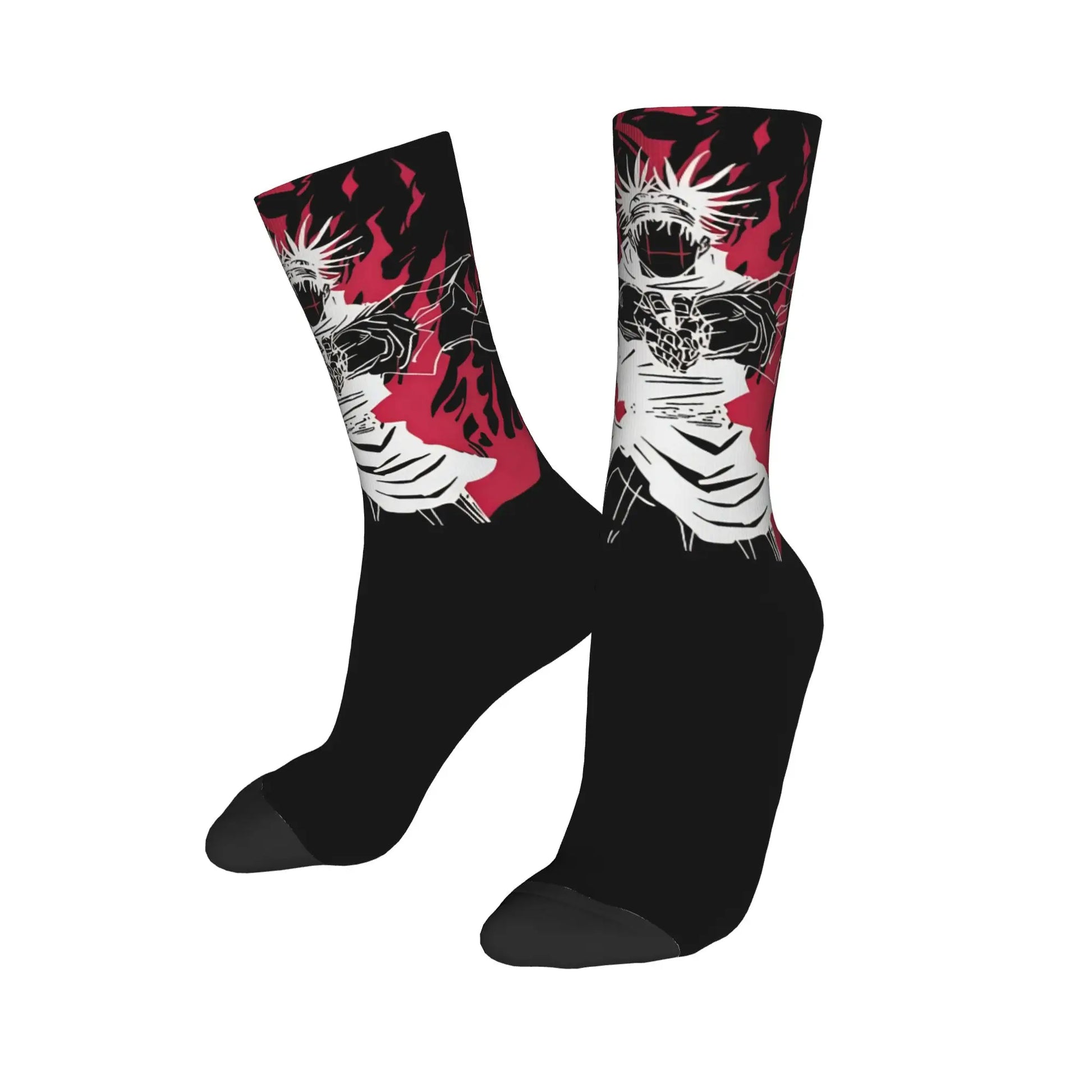 Paire de chaussettes Jujutsu Kaisen à tiges rouges et noires, motifs graphiques blanc et noir
