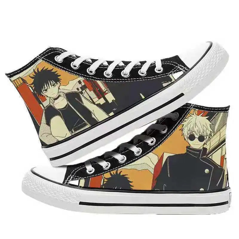 Baskets montantes noires Jujutsu Kaisen, lacets blancs, semelle blanche, motif orange sur le côté