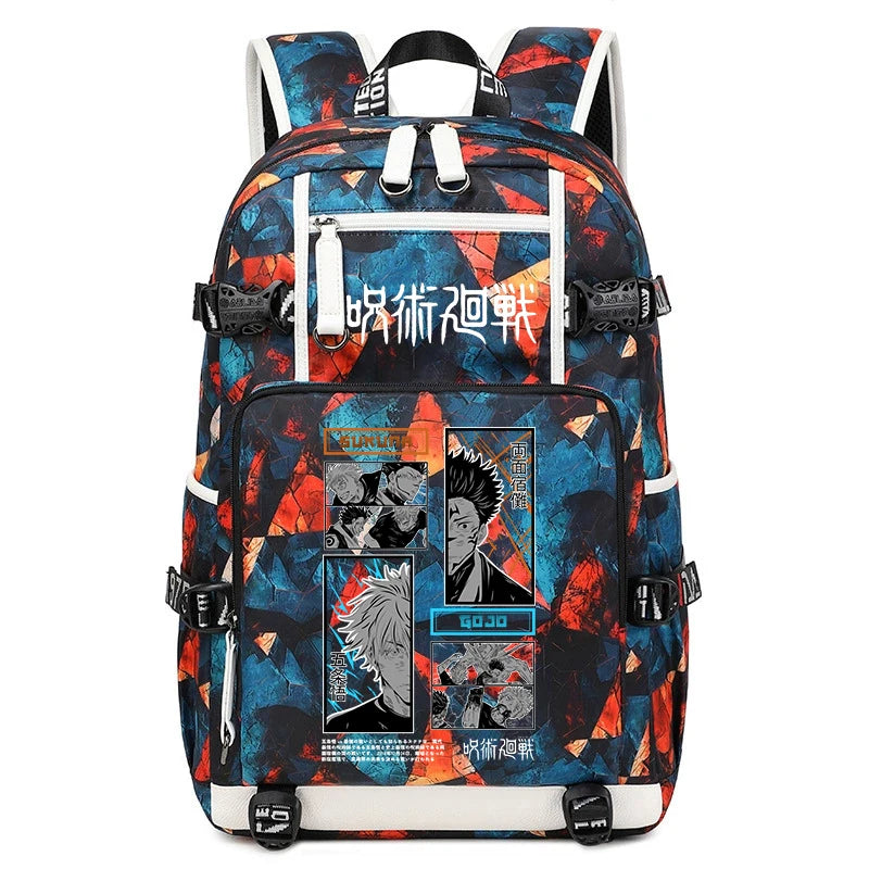 Sac à dos noir à motifs rouge et bleu, bretelles blanches, poche avant zippée illustrée