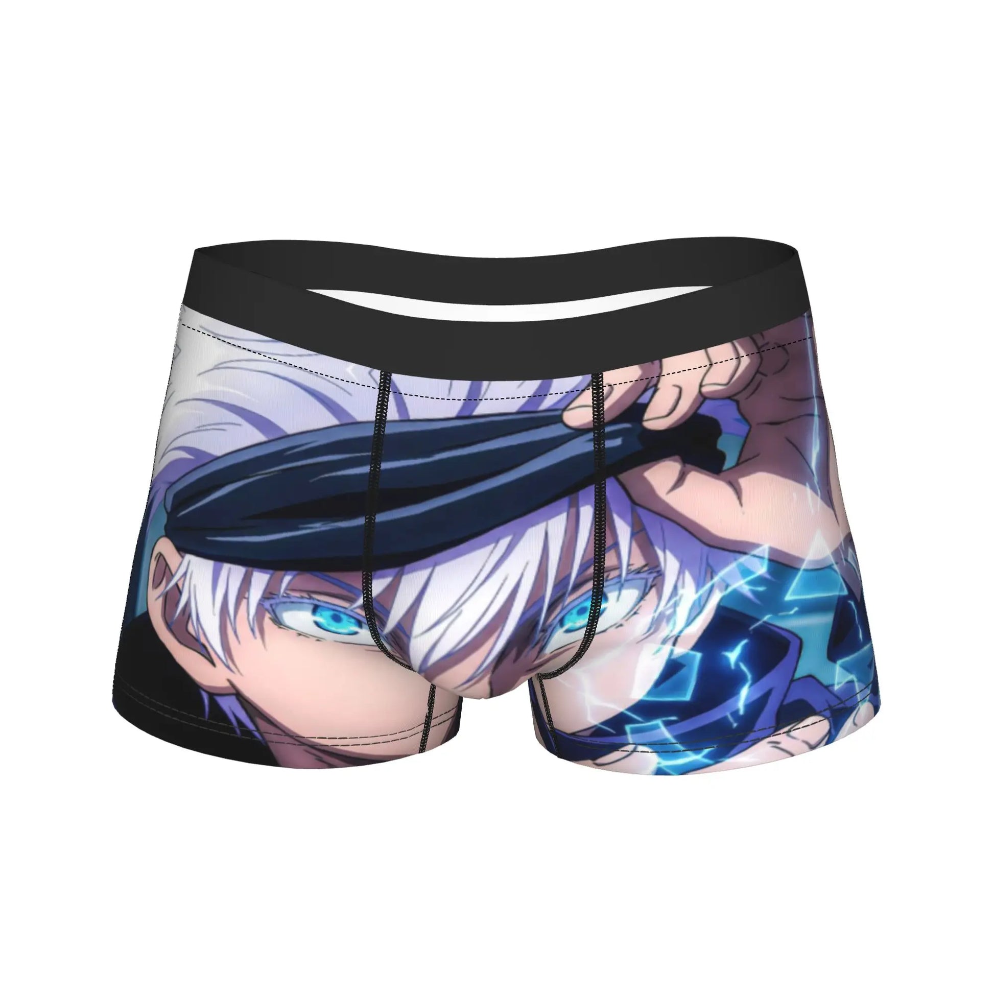 Boxer noir avec imprimé Gojo: personnage d’anime et énergie bleue sur le devant