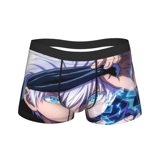 Boxer noir avec imprimé Gojo: personnage d’anime et énergie bleue sur le devant