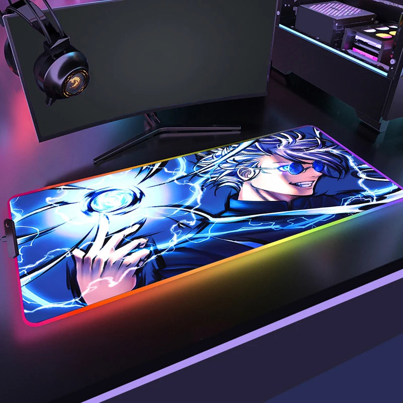 Tapis de souris RGB bleu avec illustration anime et éclairage LED, rectangulaire