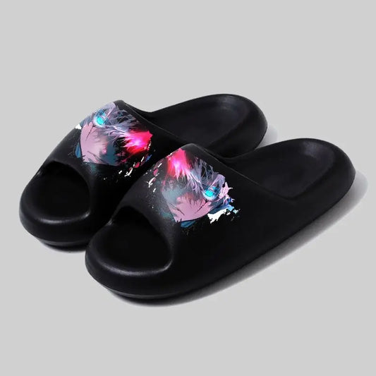 Claquettes noires avec motif coloré et effet éclaboussure multicolore