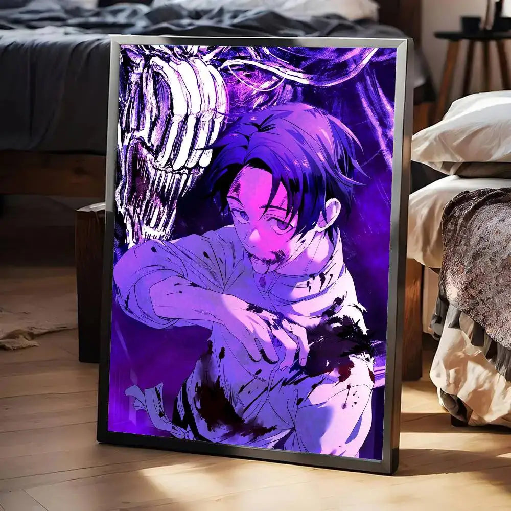 Poster Jujutsu Kaisen encadré violet, Yuta et Rika en étreinte style manga.