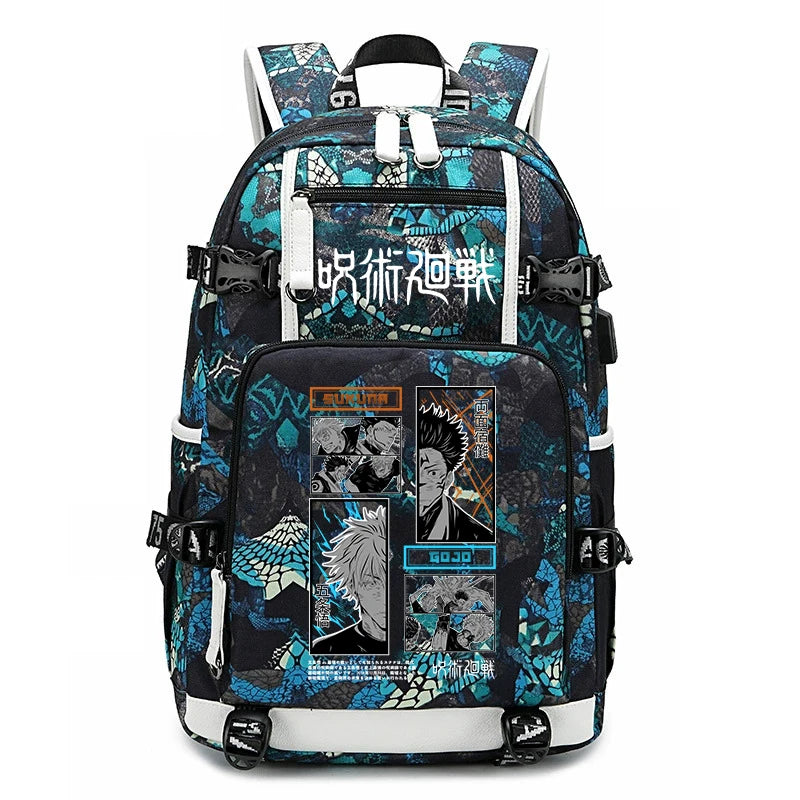 Sac à dos bleu à motif mosaïque, bretelles noires, poche avant zippée et graphismes
