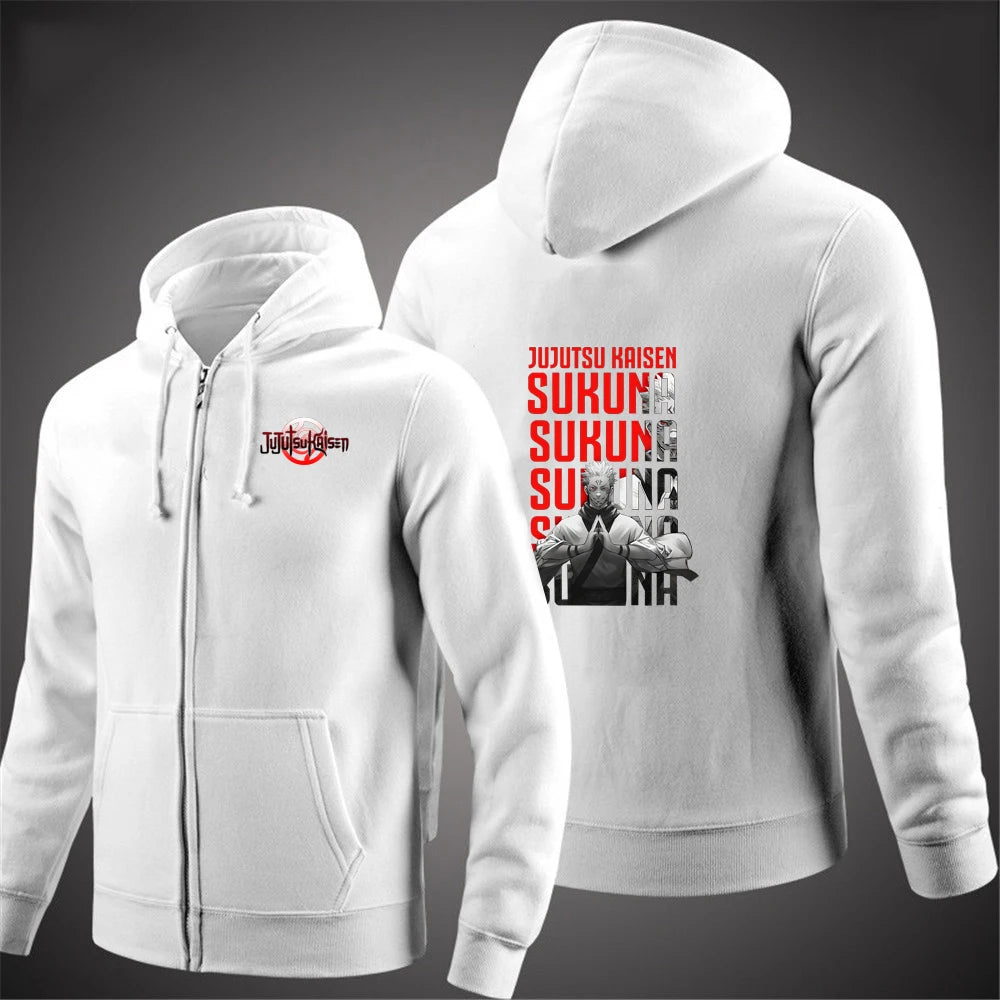 Gilet à capuche zippé blanc avec poche kangourou et grand motif au dos
