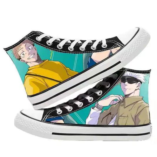 Chaussure basse style sneaker noire, toile imprimée Exorcistes Kyoto, lacets noirs, semelle blanche