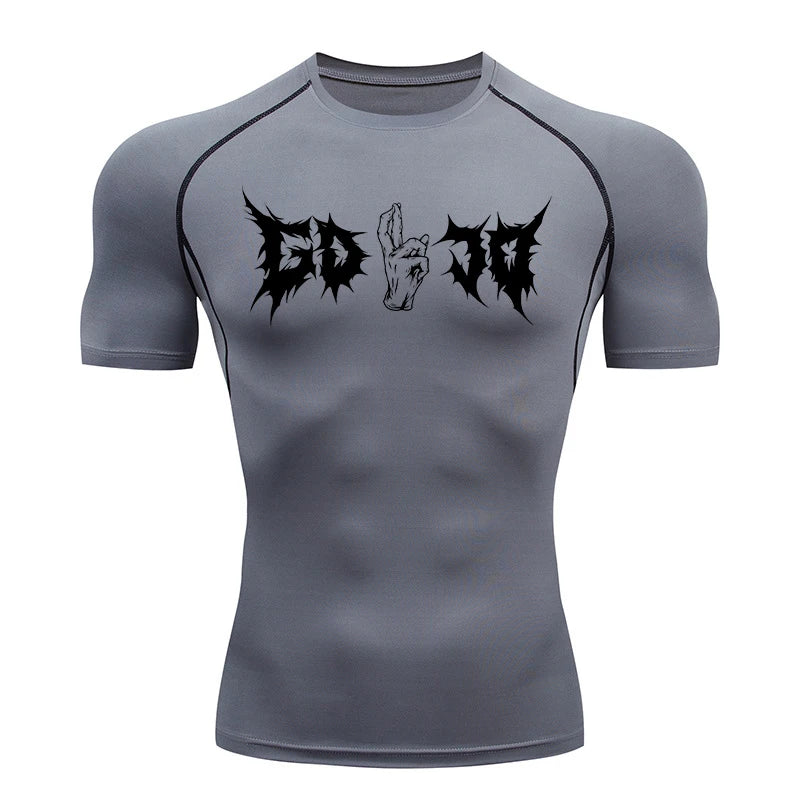T-shirt de compression gris à manches courtes, imprimé noir au centre.