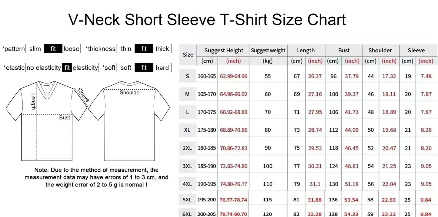Guide des tailles t-shirt col V manches courtes : tailles, poids et mensurations.