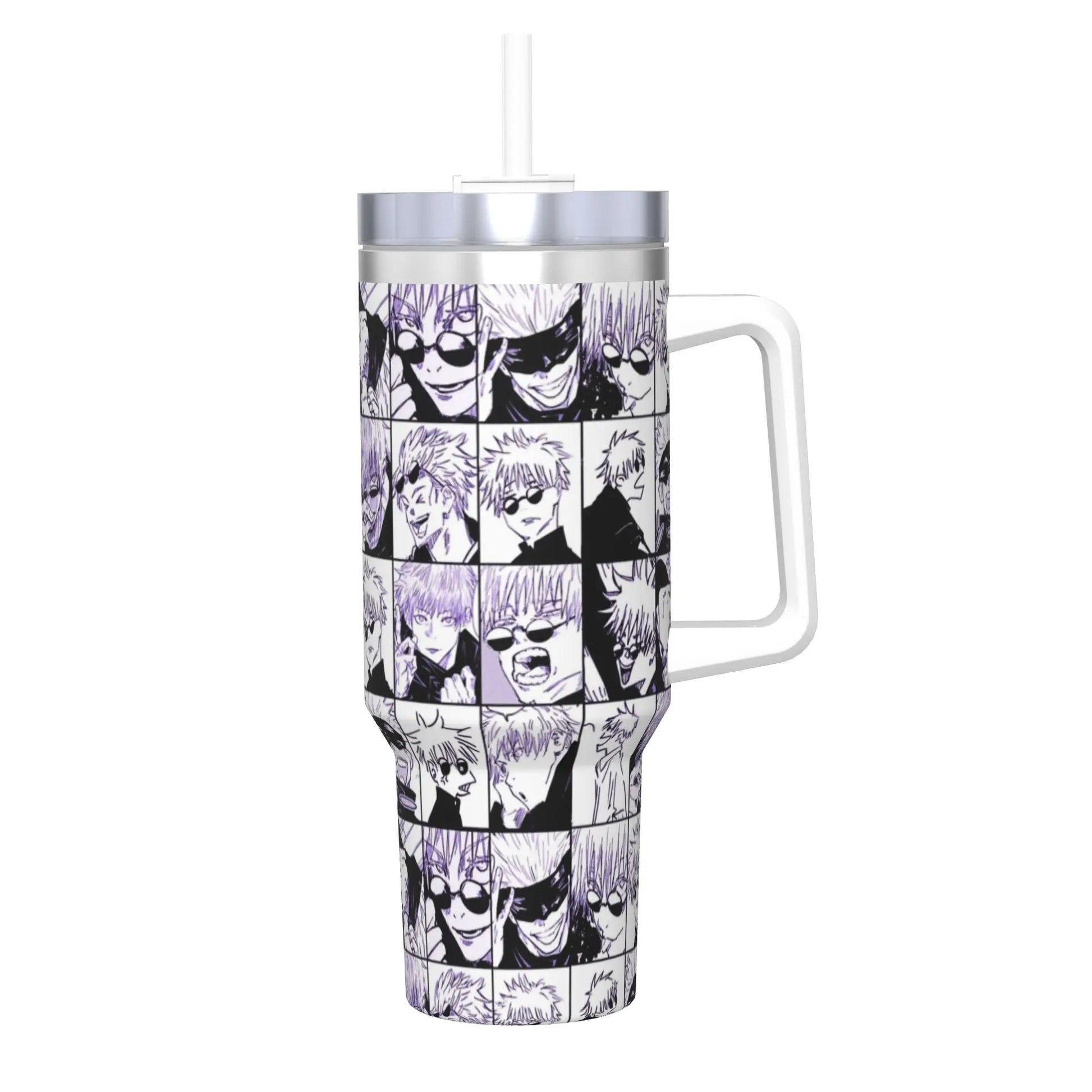 Gourde isotherme Jujutsu Kaisen Gojo Violet, motifs anime en noir et violet, avec poignée